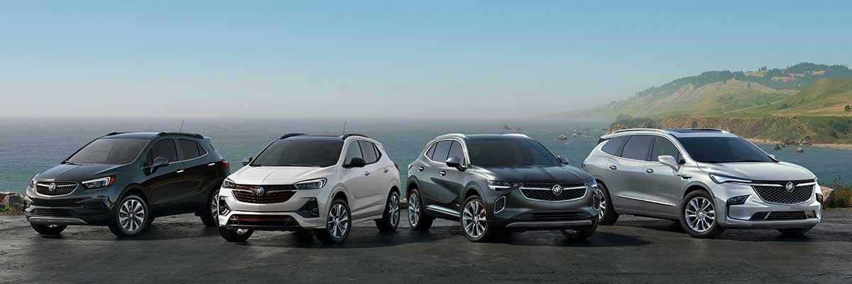 4 New Buicks on oceanside with mountains in the background